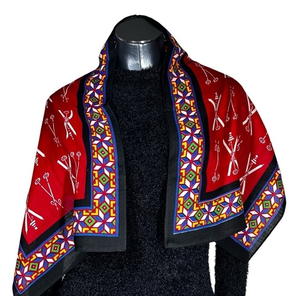 VINTAGE Glentex Multi-colored Wool Scarf White Ski Poles and Ski's - Picture 6 of 16